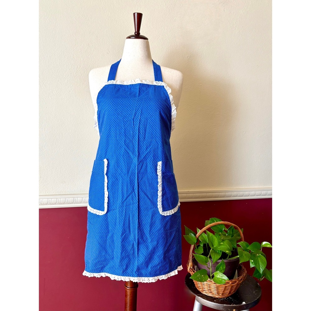 Handmade Blue Diamond Eyelet Lace Trim Bib Apron Pockets Retro Cottage 50s Style